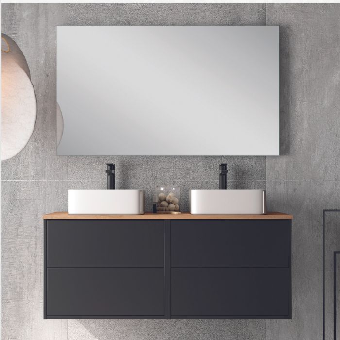 Mueble de baño suspendido negro mate encimera roble