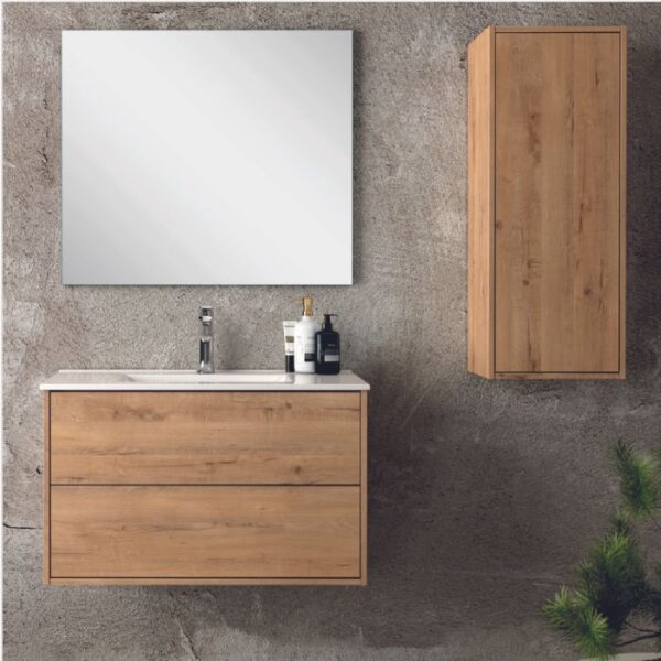 Mueble de 80 cm en acabado roble con lavabo de cerámica