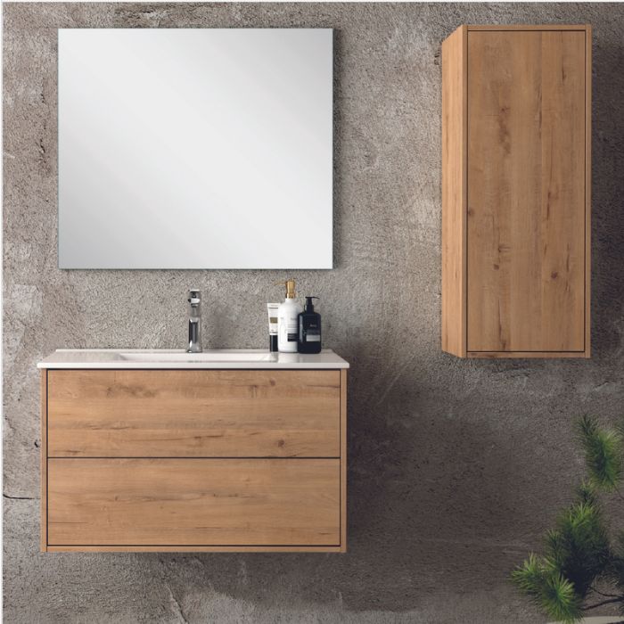 Mueble de 80 cm en acabado roble con lavabo de cerámica