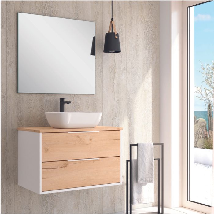 Mueble de baño suspendido blanco y roble