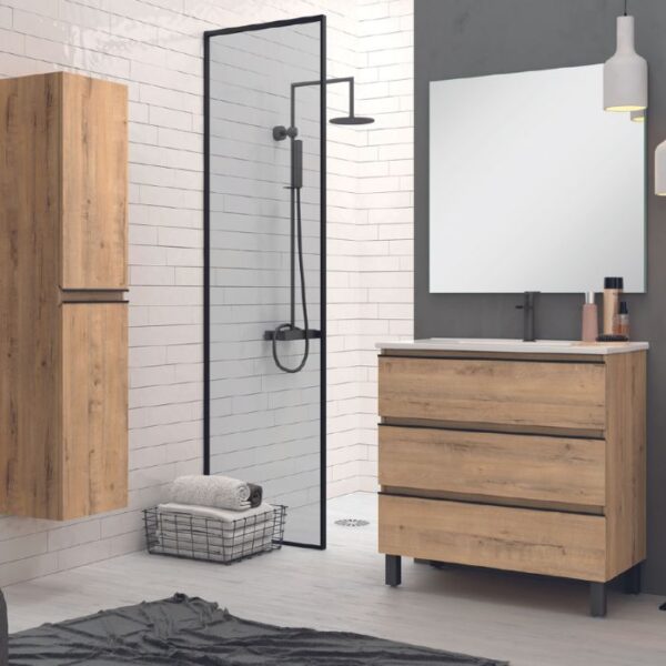 Mueble de tres cajones en acabado roble con patas