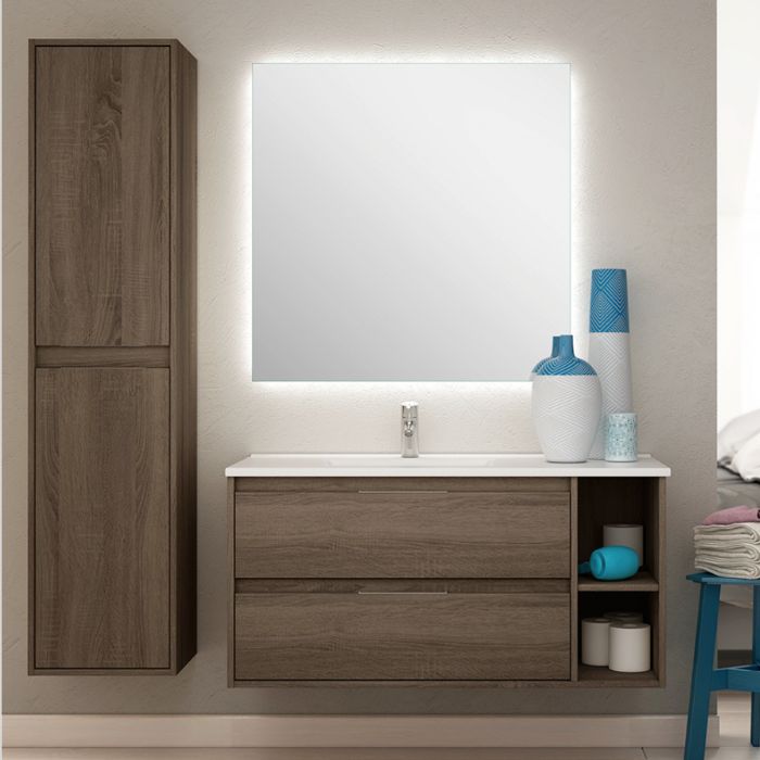 Mueble de baño suspendido roble oscuro con huecos abiertos