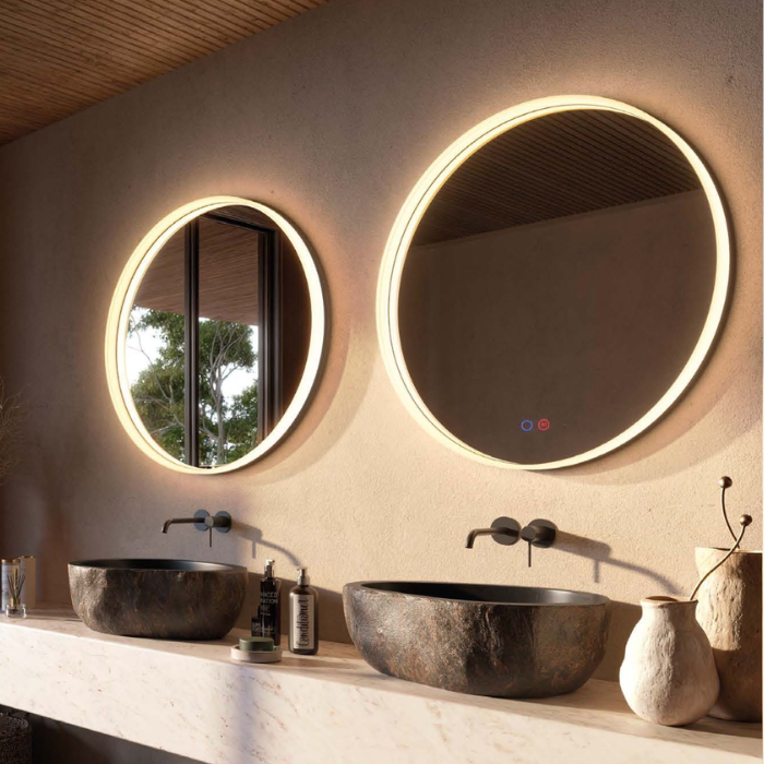 Espejo de baño circular con marco negro e iluminación LED integrada