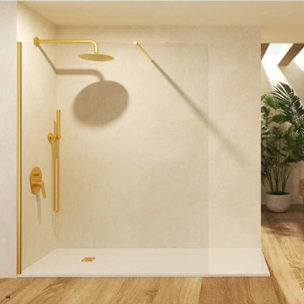 Mampara de ducha fija walk-in oro cepillado con brazo estabilizador y diseño minimalista