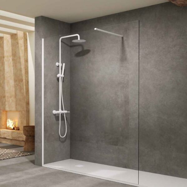 Mampara de ducha fija walk-in blanco mate con brazo estabilizador y cristal templado