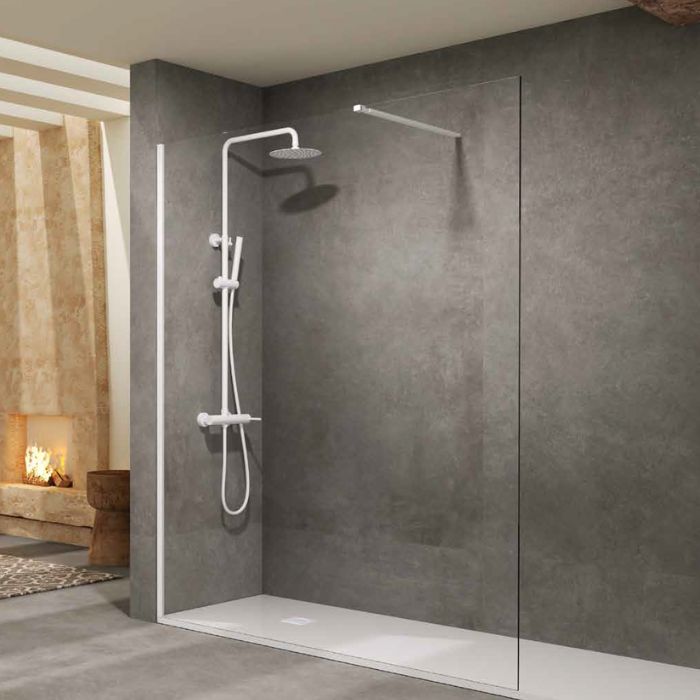 Mampara de ducha fija walk-in blanco mate con brazo estabilizador y cristal templado