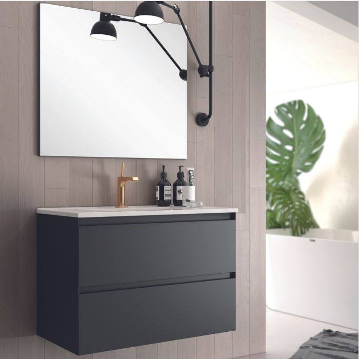 Mueble de baño suspendido negro mate tirador integrado