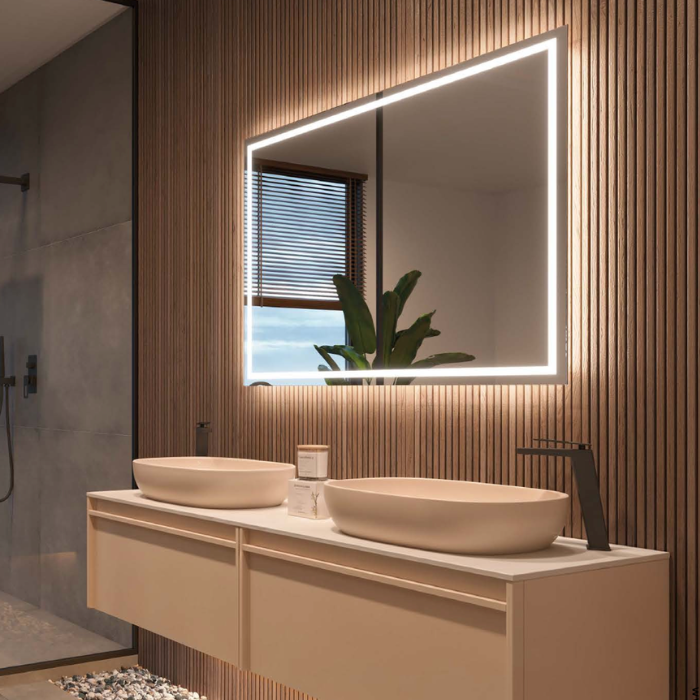 Espejo de baño rectangular con luz frontal LED uniforme y marco arenado