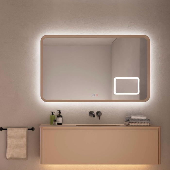 Espejo de baño rectangular con marco de color, luz LED doble y espejo de aumento