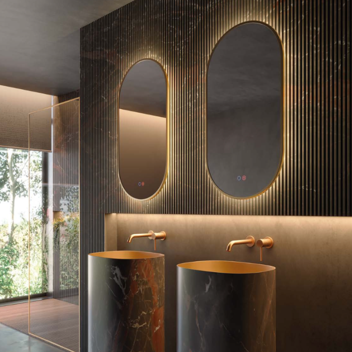 Espejo de baño elíptico con marco metálico y luz LED regulable