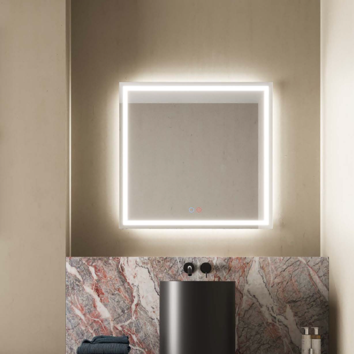Espejo de baño cuadrado sin marco con luz LED frontal uniforme