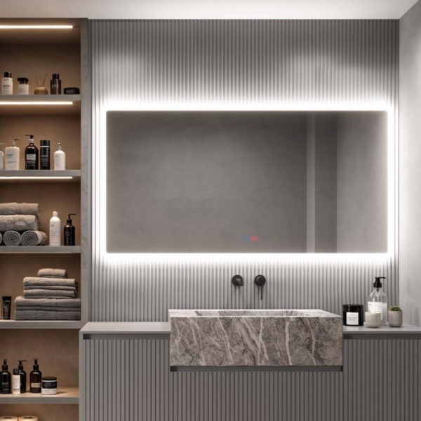 Espejo de baño rectangular con cantos redondeados y luz LED frontal