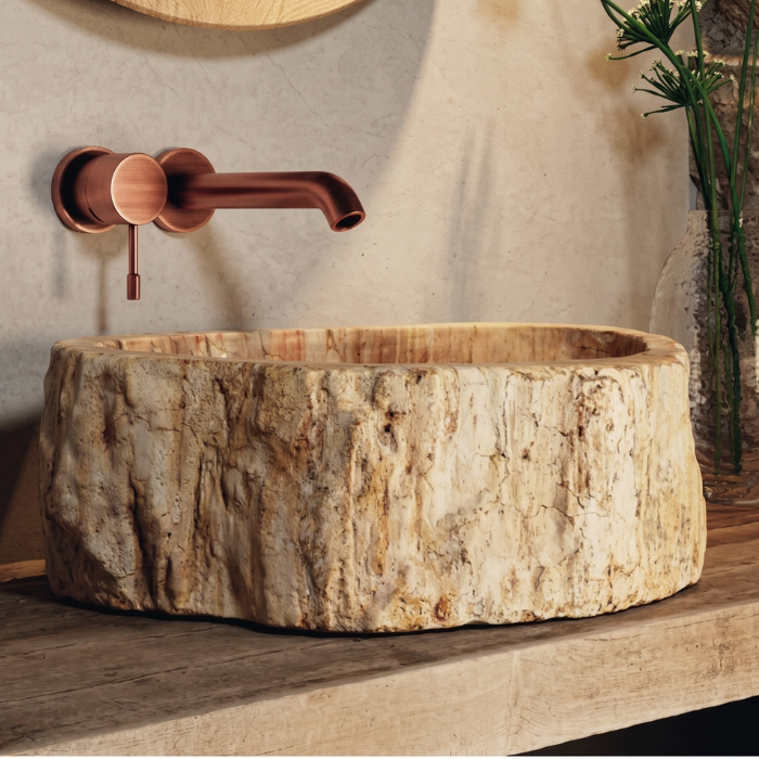 Lavabo sobre encimera en madera petrificada con acabado natural