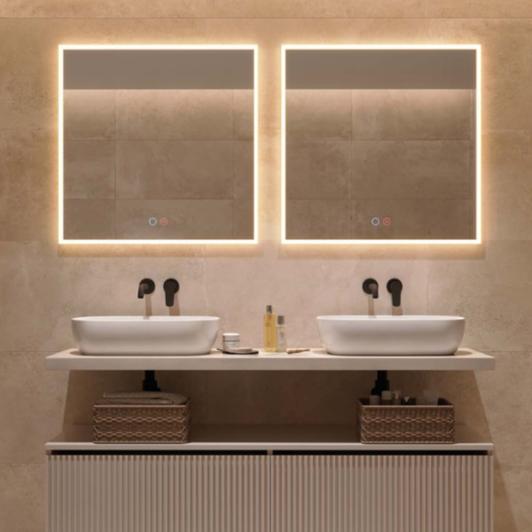 Espejo de baño cuadrado con marco acrílico iluminado y luz LED regulable
