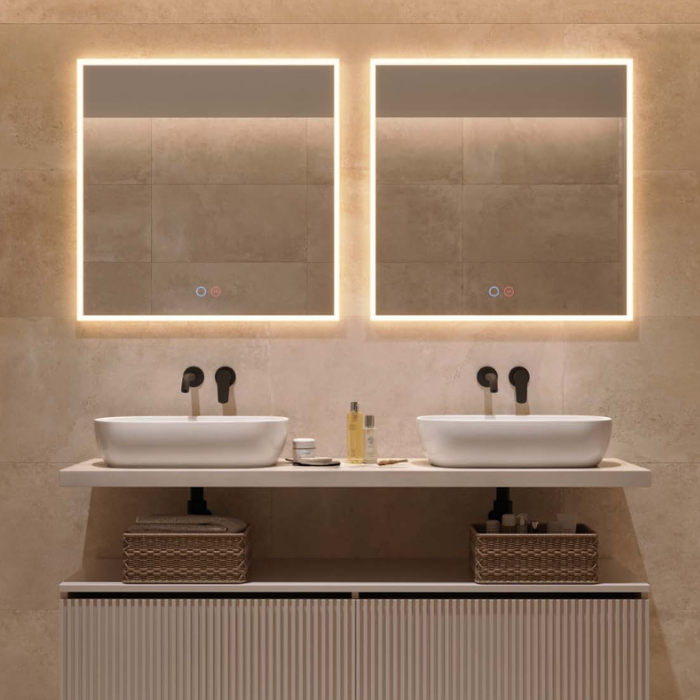 Espejo de baño cuadrado con marco acrílico iluminado y luz LED regulable