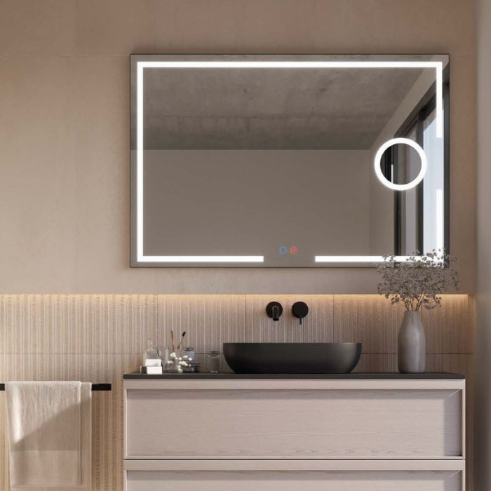 Espejo de baño cuadrado con luz LED frontal y espejo de aumento x5