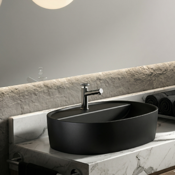 Lavabo elíptico negro mate sobre encimera de diseño moderno