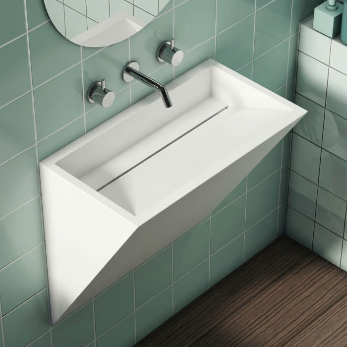 Lavabo suspendido con sumidero lineal integrado y diseño moderno