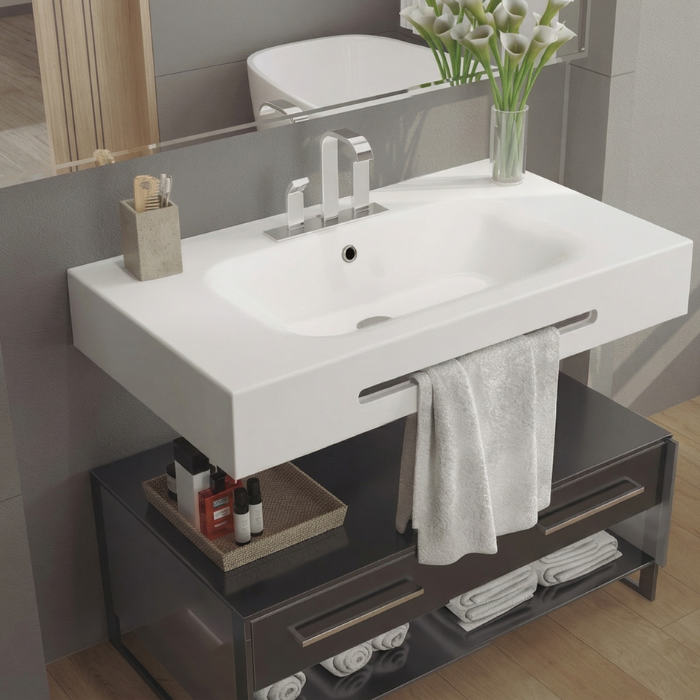 Lavabo de resina con faldón y toallero integrado para baño